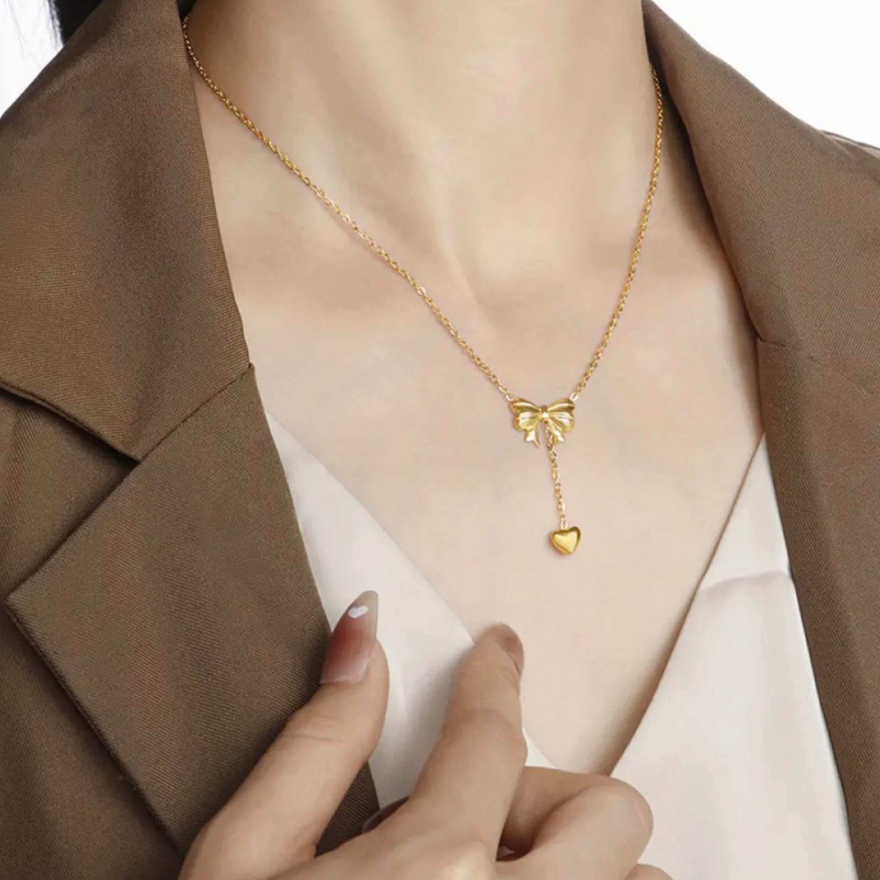 Golden Anti Tarnish Bow Drop Neckpiece